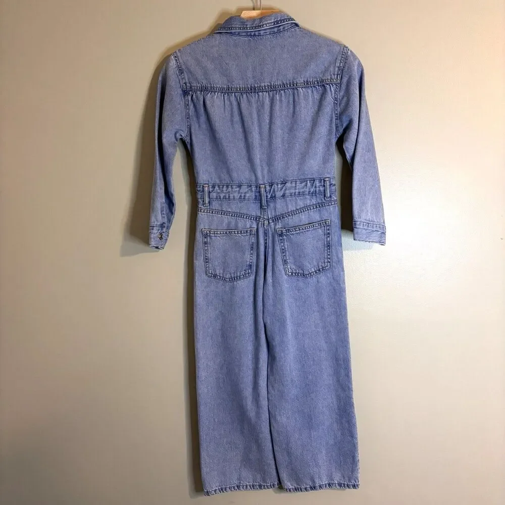 ZARA Girls Sz 9 Denim Blue Jean Utility Jumpsuit Wide Leg Streetwear